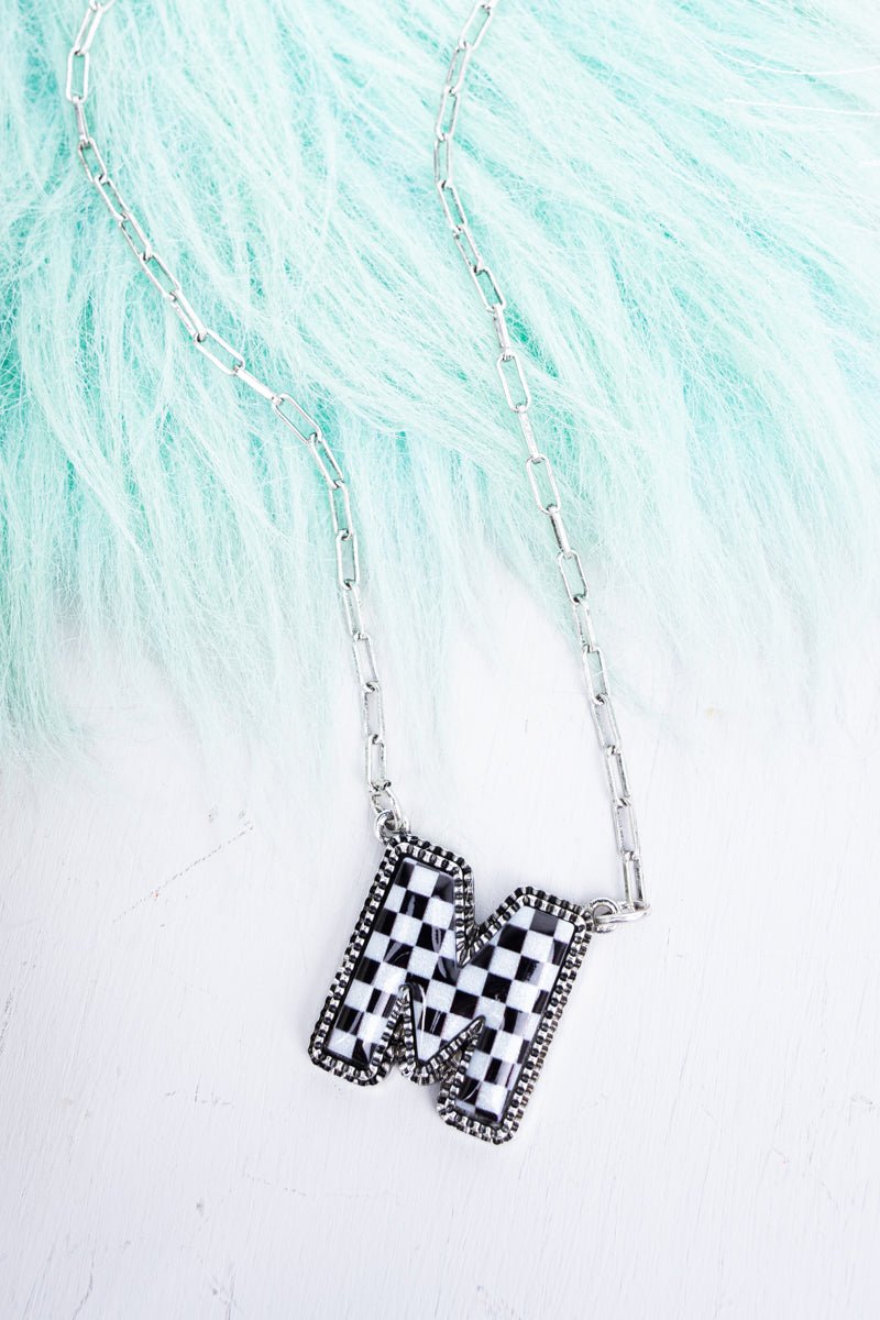 TIPI Black & White Checkered 'M' Silvertone Necklace - Wholesale Accessory Market