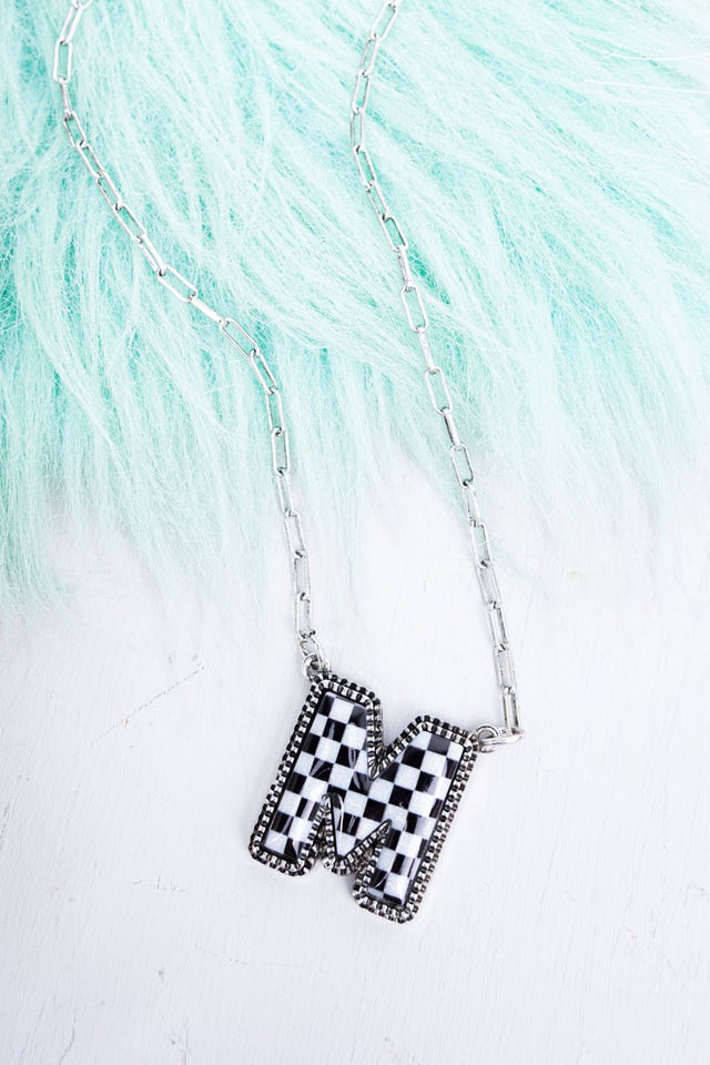 TIPI Black & White Checkered 'M' Silvertone Necklace - Wholesale Accessory Market