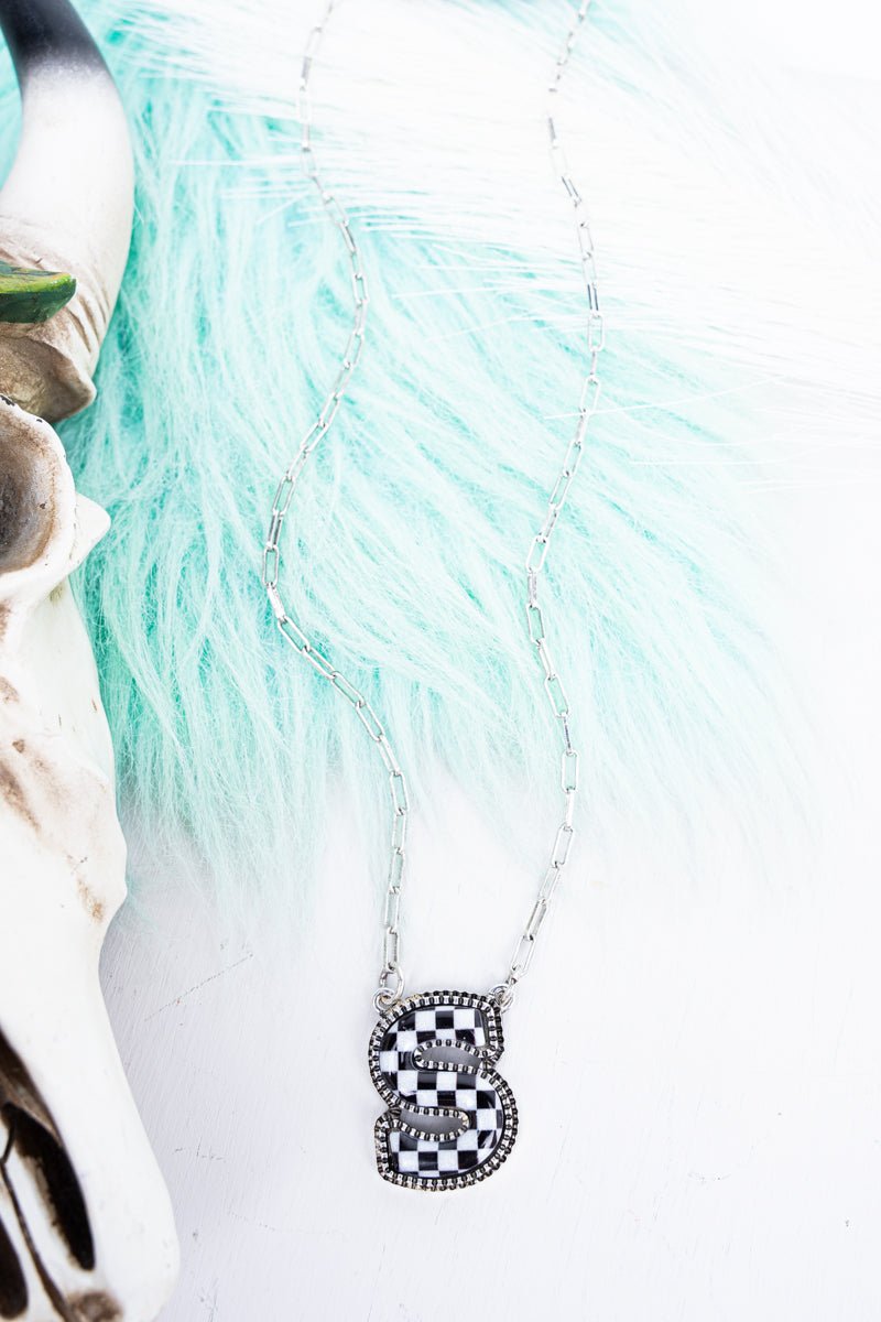 TIPI Black & White Checkered 'S' Silvertone Necklace - Wholesale Accessory Market