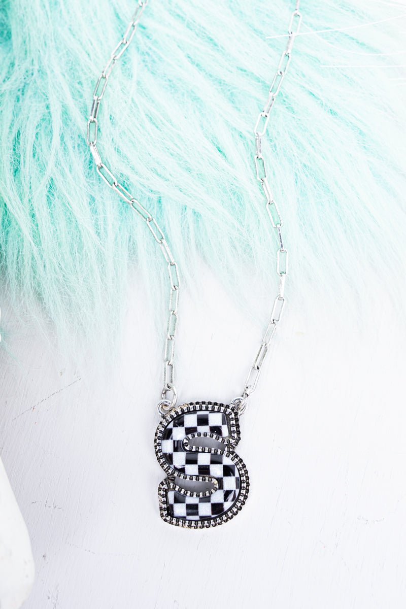 TIPI Black & White Checkered 'S' Silvertone Necklace - Wholesale Accessory Market