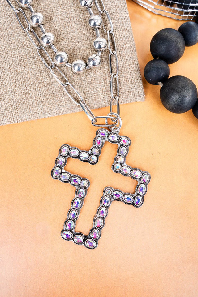 TIPI Iridescent Isabelle Cross Silvertone Double Necklace - Wholesale Accessory Market