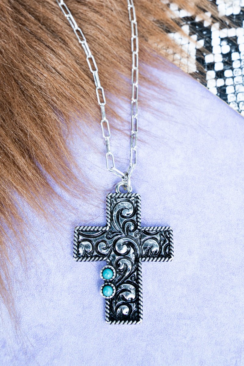 TIPI Camery Cross Turquoise Silvertone Necklace - Wholesale Accessory Market
