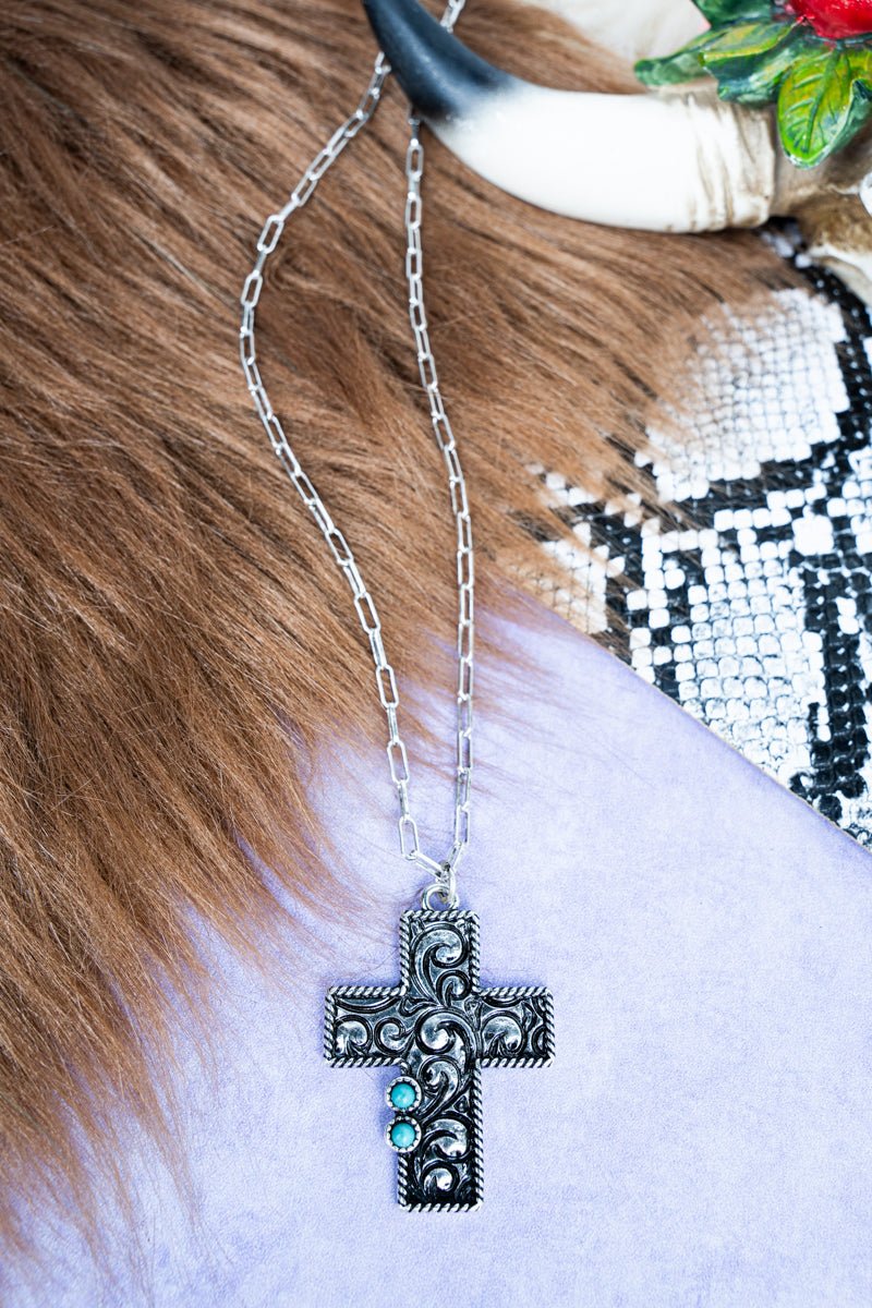 TIPI Camery Cross Turquoise Silvertone Necklace - Wholesale Accessory Market