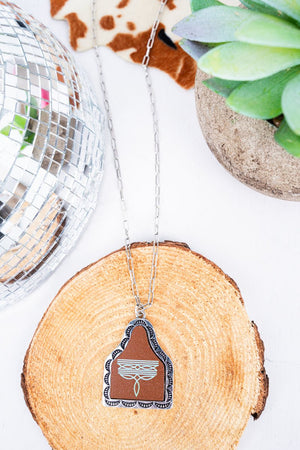 TIPI Turquoise Signature Stitches Brown Cattle Tag Silvertone Necklace - Wholesale Accessory Market