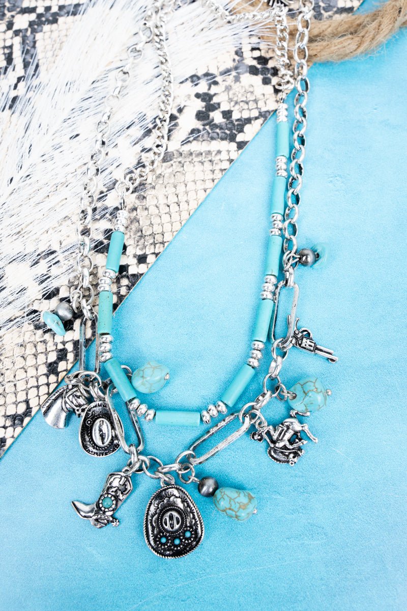 TIPI Turquoise Ridge Rider Silvertone Double Necklace Set - Wholesale Accessory Market