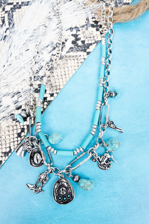 TIPI Turquoise Ridge Rider Silvertone Double Necklace Set - Wholesale Accessory Market
