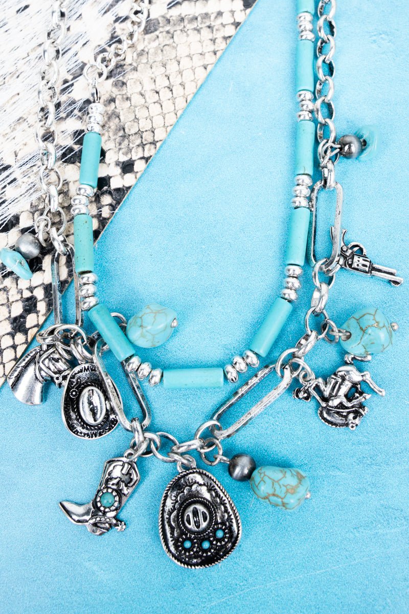 TIPI Turquoise Ridge Rider Silvertone Double Necklace Set - Wholesale Accessory Market
