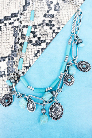 TIPI Turquoise Tessie Trail Silvertone Double Necklace Set - Wholesale Accessory Market