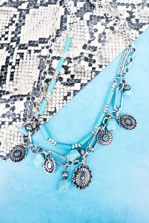 TIPI Turquoise Tessie Trail Silvertone Double Necklace Set - Wholesale Accessory Market