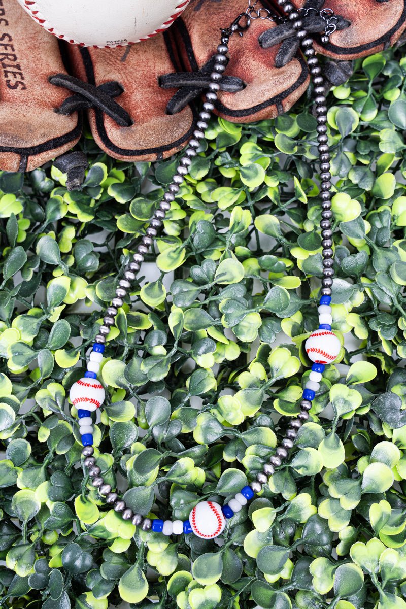 TIPI Blue & White Baseball Silver Pearl Necklace - Wholesale Accessory Market