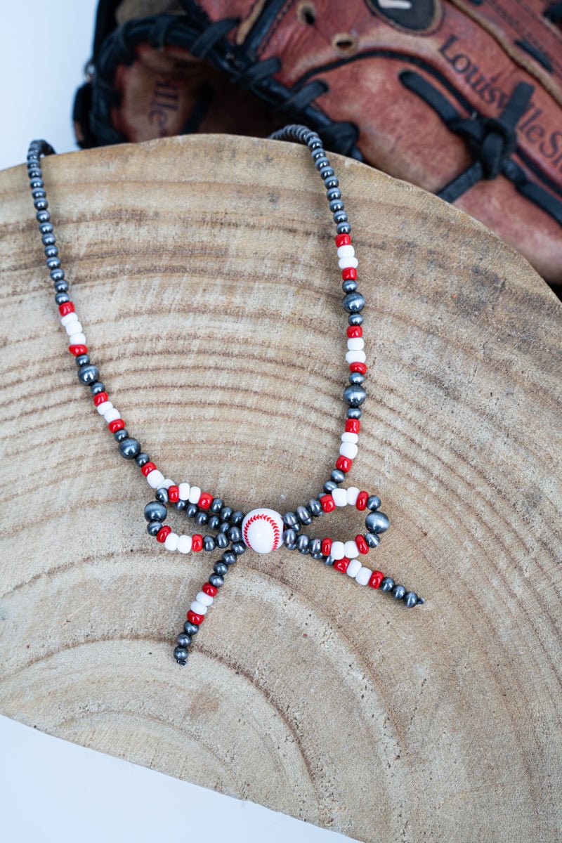TIPI Red & White Baseball Bow Necklace - Wholesale Accessory Market