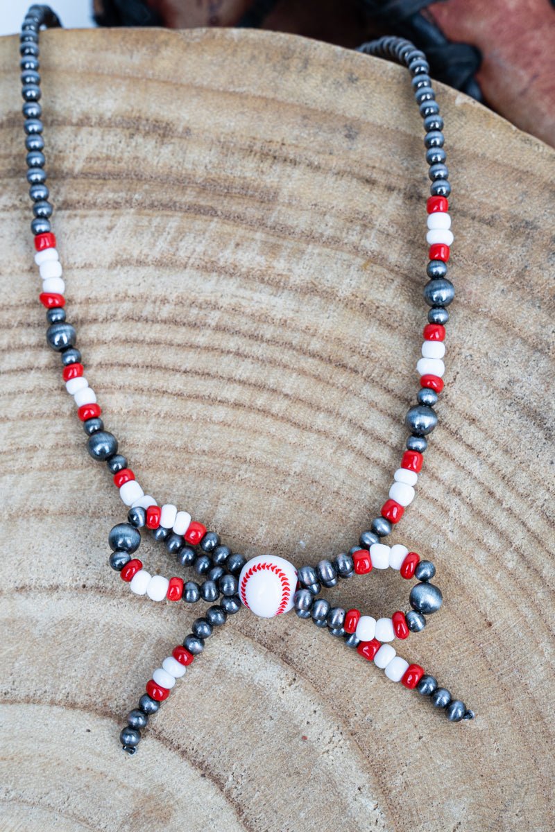 TIPI Red & White Baseball Bow Necklace - Wholesale Accessory Market