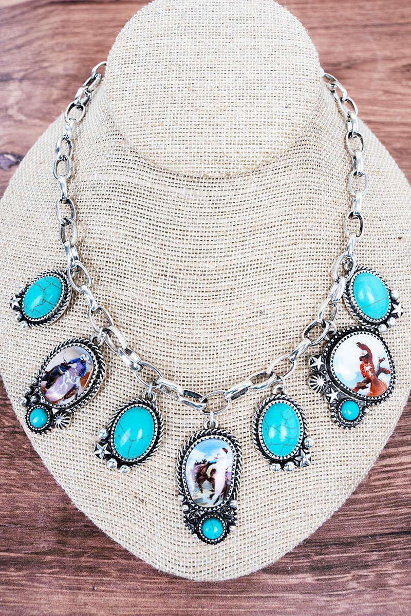 TIPI Turquoise Frontier Legend Silvertone Charm Necklace - Wholesale Accessory Market