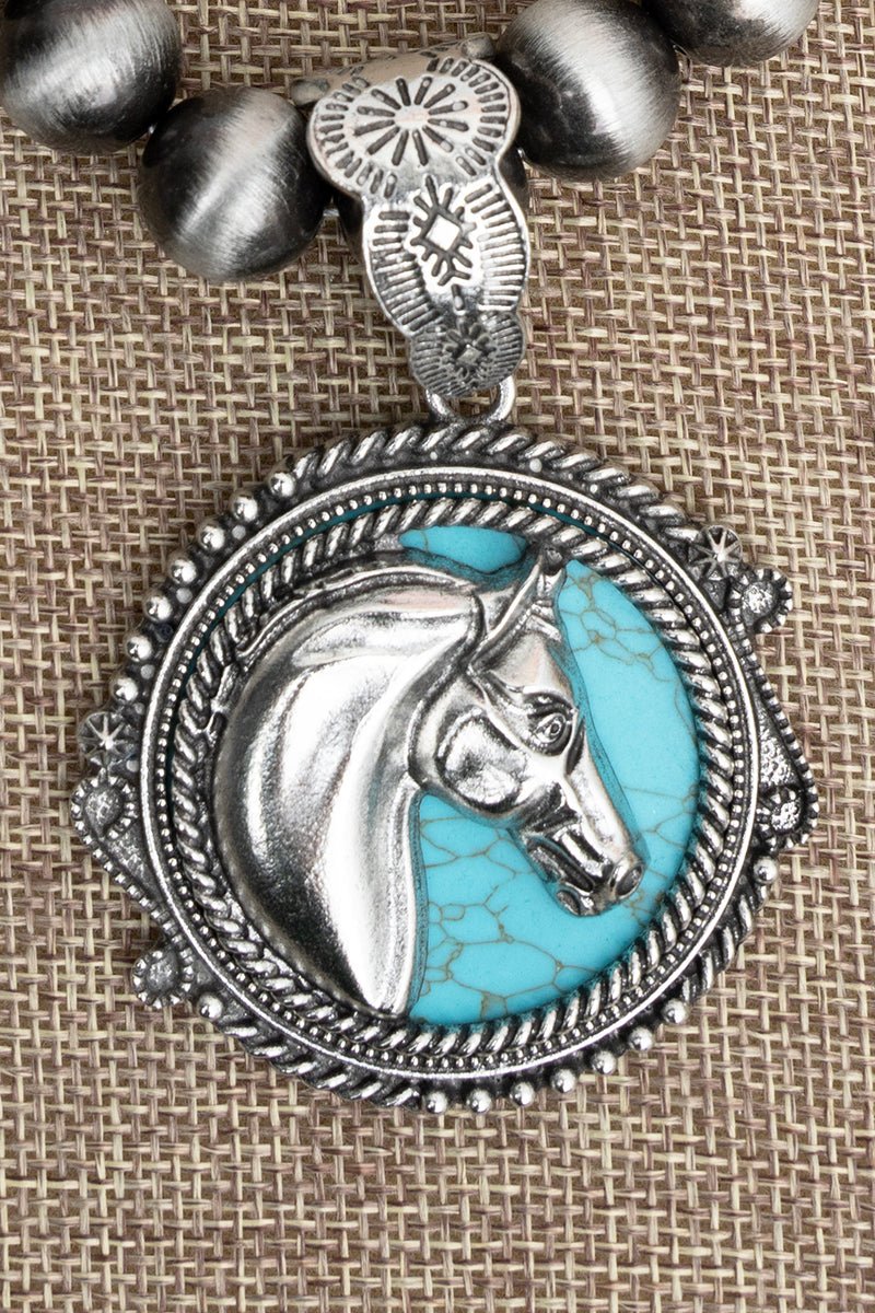 TIPI Turquoise Mustang Medallion Silver Pearl Necklace - Wholesale Accessory Market