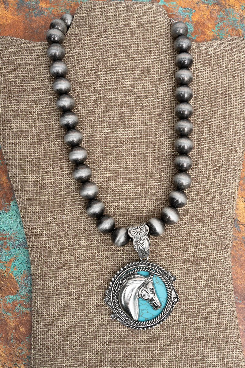 TIPI Turquoise Mustang Medallion Silver Pearl Necklace - Wholesale Accessory Market