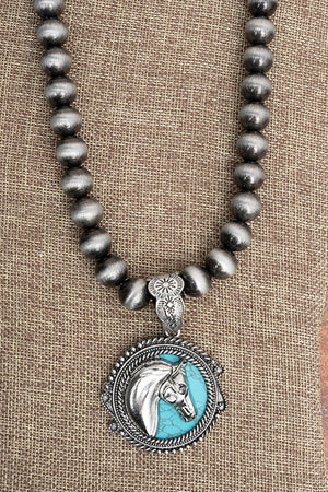 TIPI Turquoise Mustang Medallion Silver Pearl Necklace - Wholesale Accessory Market