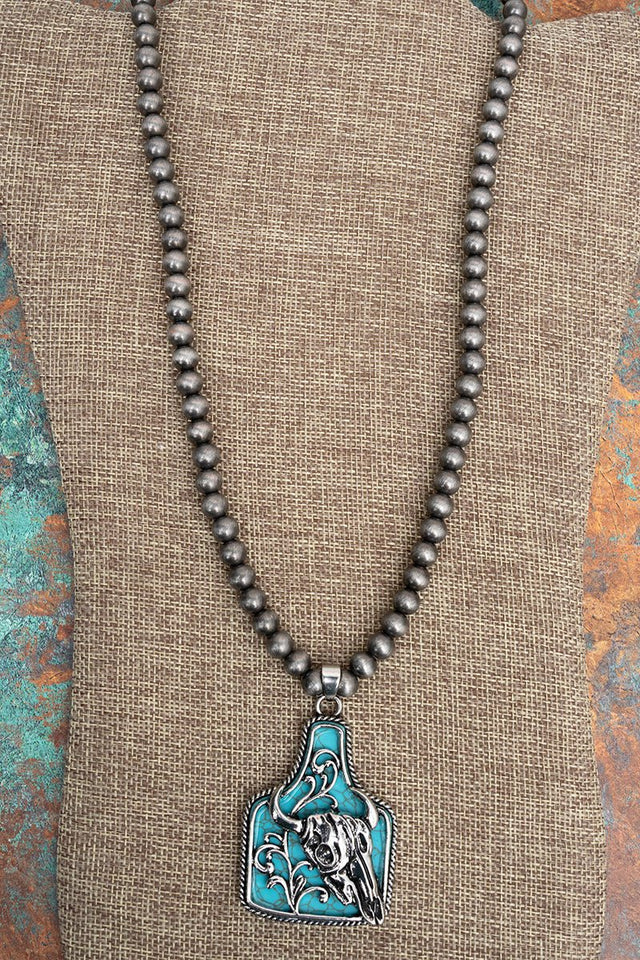 TIPI Turquoise Stoneforge Steer Silver Pearl Necklace - Wholesale Accessory Market