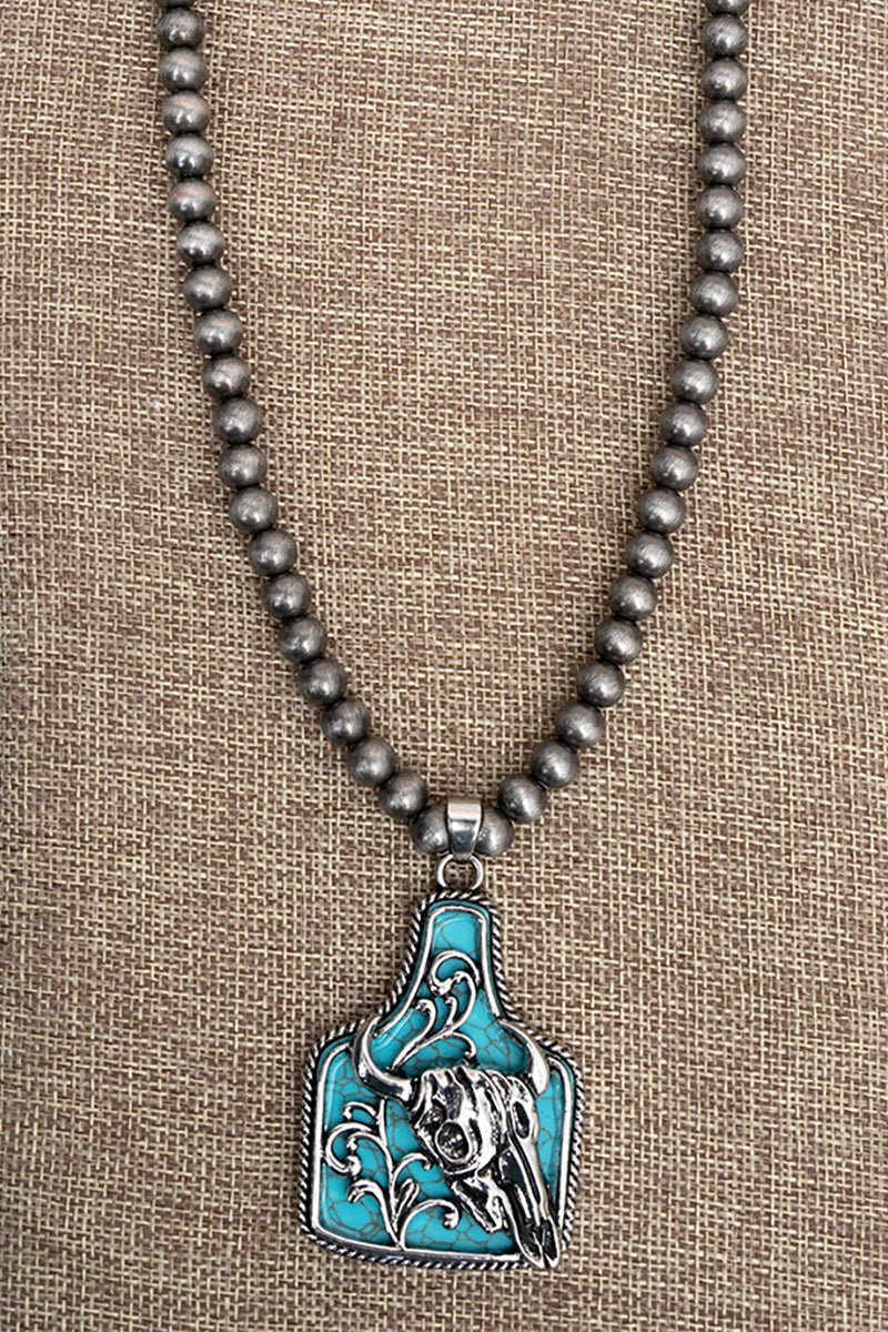 TIPI Turquoise Stoneforge Steer Silver Pearl Necklace - Wholesale Accessory Market