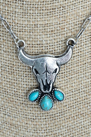 TIPI Turquoise Ranchside Steer Silvertone Necklace - Wholesale Accessory Market