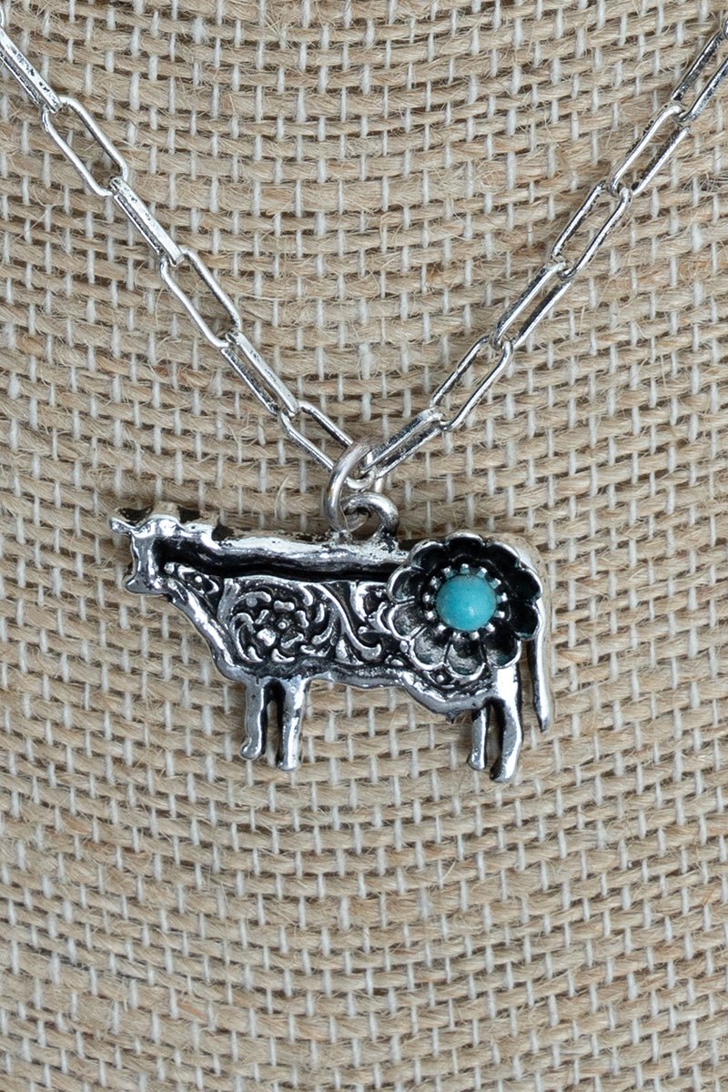 TIPI Turquoise Barnyard Blossom Cow Silvertone Necklace - Wholesale Accessory Market