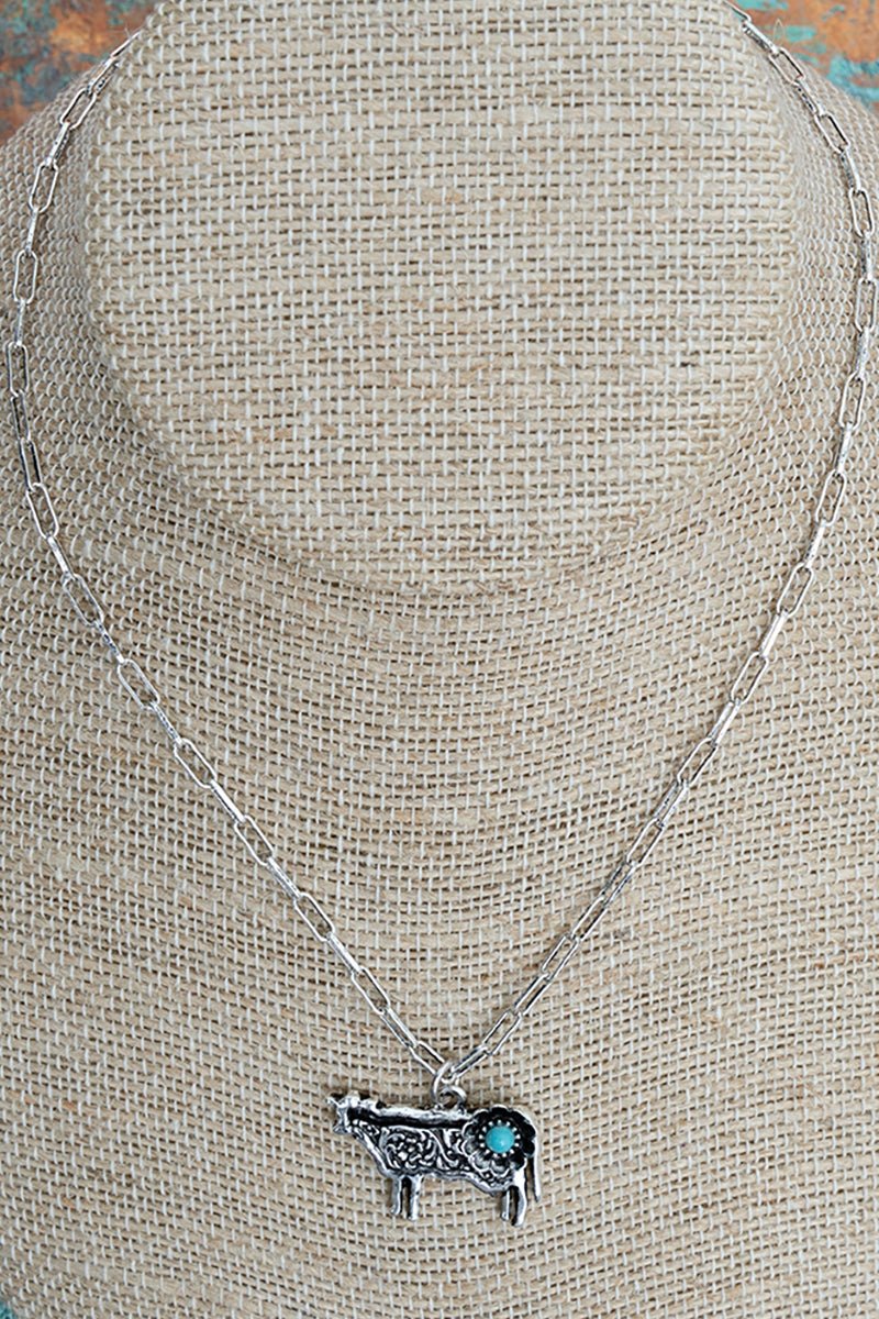 TIPI Turquoise Barnyard Blossom Cow Silvertone Necklace - Wholesale Accessory Market