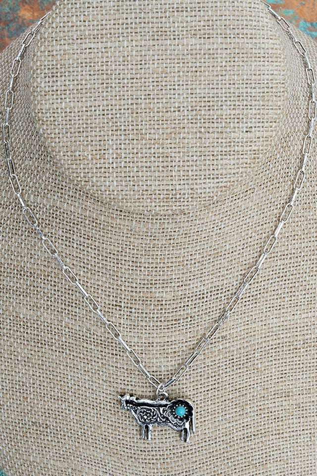 TIPI Turquoise Barnyard Blossom Cow Silvertone Necklace - Wholesale Accessory Market