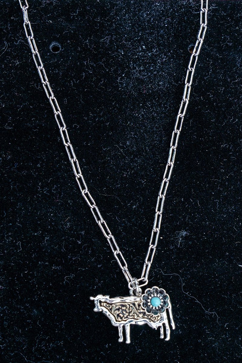 TIPI Turquoise Barnyard Blossom Cow Two-Tone Necklace - Wholesale Accessory Market