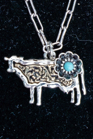 TIPI Turquoise Barnyard Blossom Cow Two-Tone Necklace - Wholesale Accessory Market