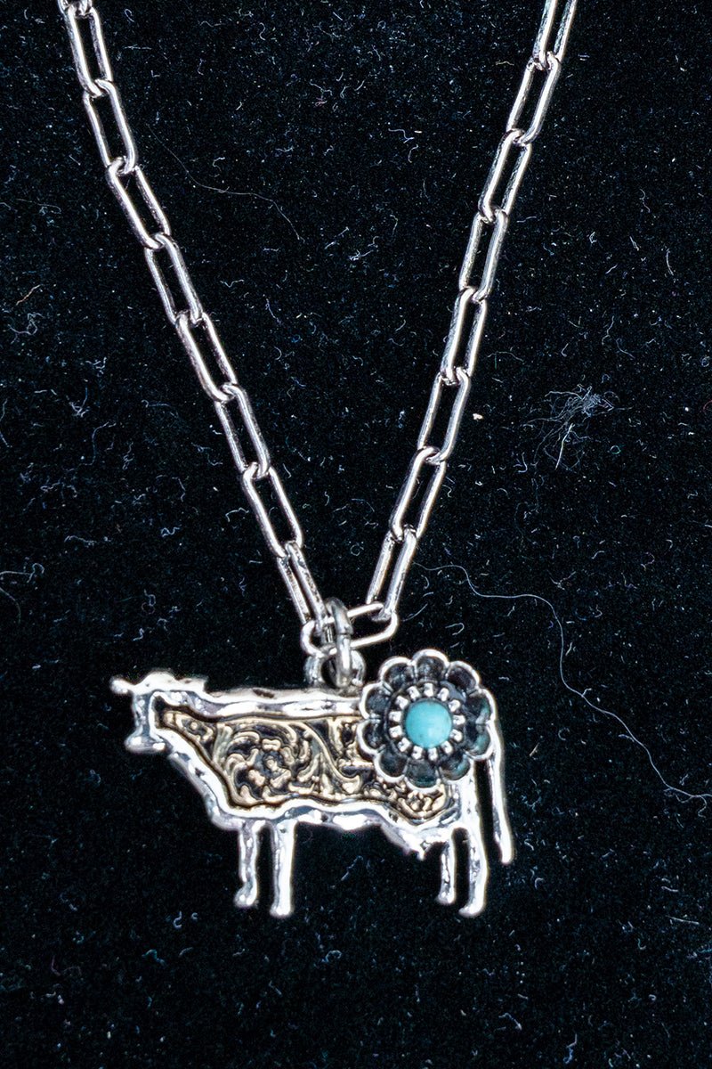 TIPI Turquoise Barnyard Blossom Cow Two-Tone Necklace - Wholesale Accessory Market