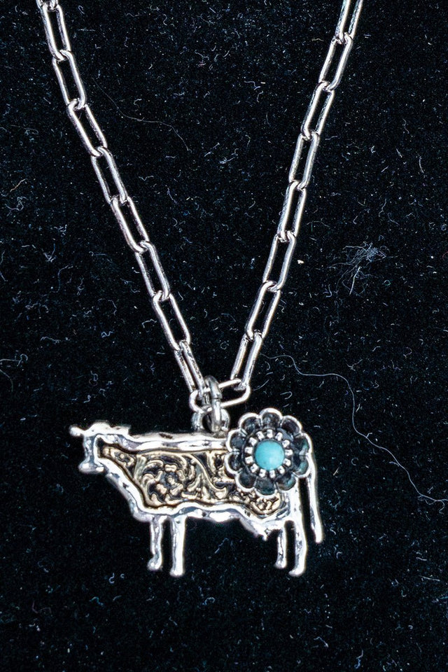 TIPI Turquoise Barnyard Blossom Cow Two-Tone Necklace - Wholesale Accessory Market