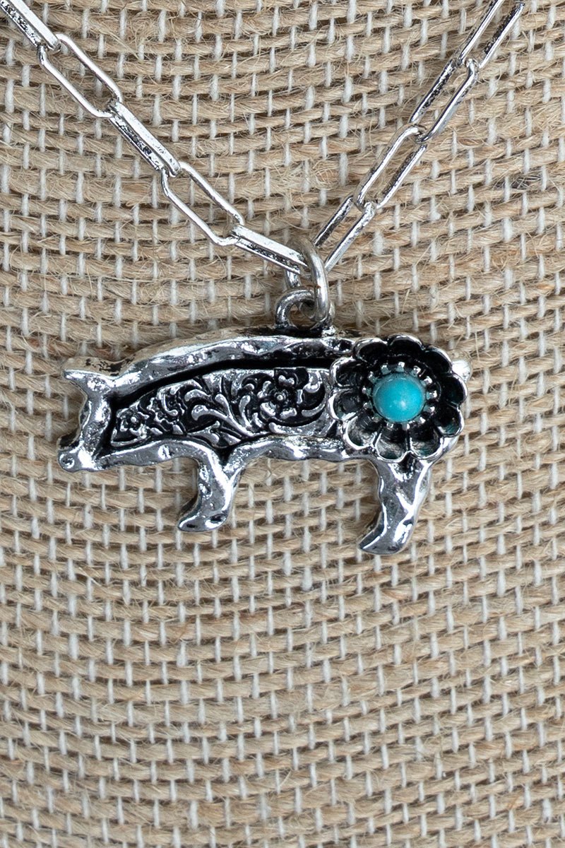 TIPI Turquoise Barnyard Blossom Pig Silvertone Necklace - Wholesale Accessory Market