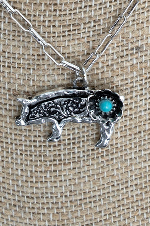 TIPI Turquoise Barnyard Blossom Pig Silvertone Necklace - Wholesale Accessory Market