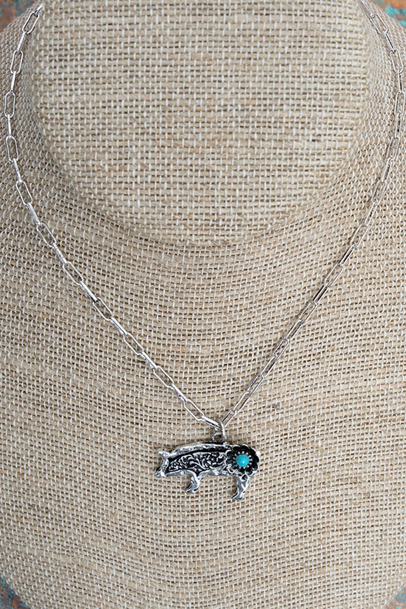 TIPI Turquoise Barnyard Blossom Pig Silvertone Necklace - Wholesale Accessory Market