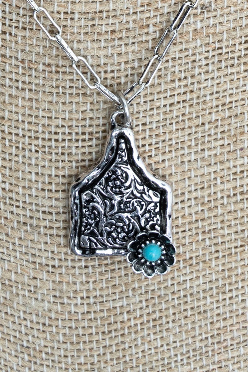 TIPI Turquoise Barnyard Blossom Cattle Tag Silvertone Necklace - Wholesale Accessory Market