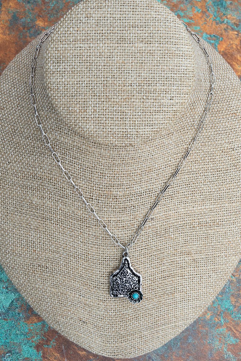 TIPI Turquoise Barnyard Blossom Cattle Tag Silvertone Necklace - Wholesale Accessory Market