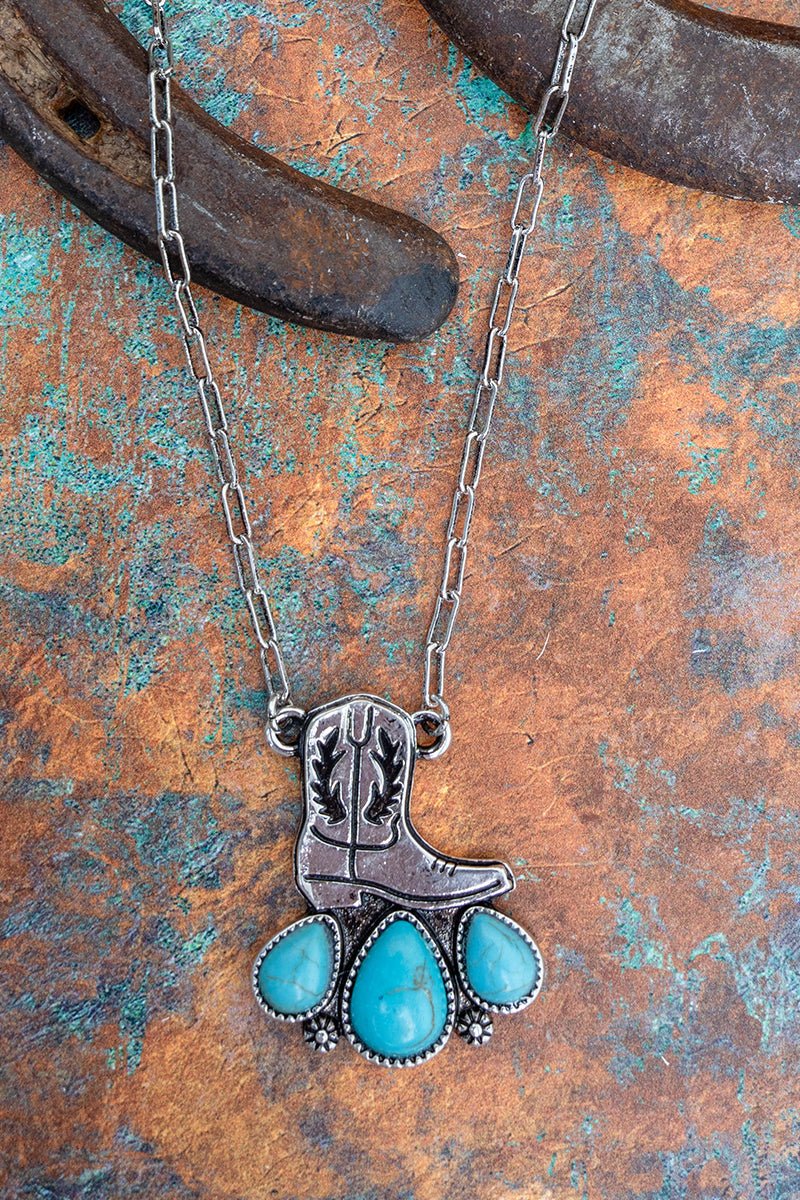 TIPI Turquoise Weatherford Boot Silvertone Necklace - Wholesale Accessory Market