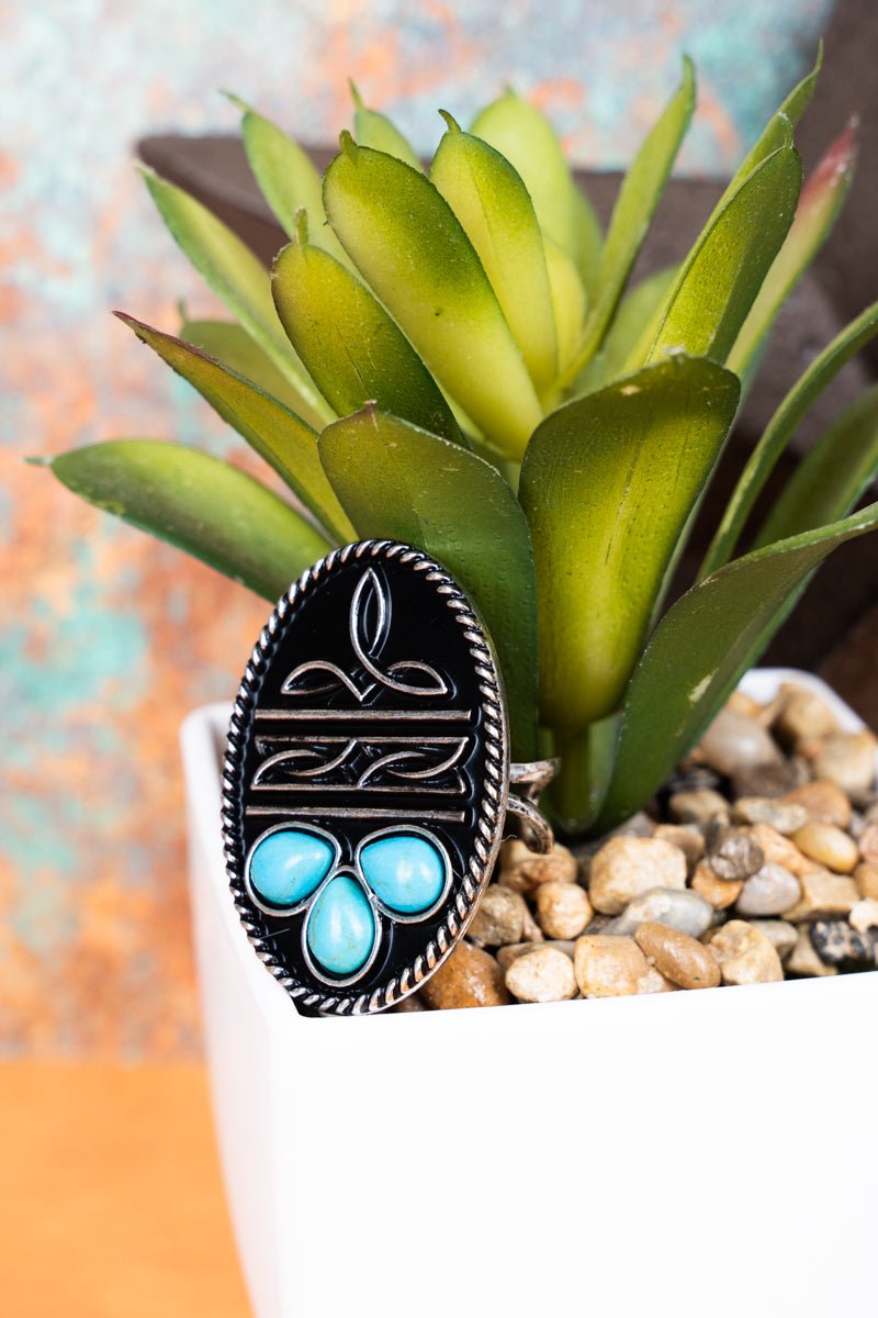 TIPI Western Detail Turquoise Silvertonel Oval Cuff Ring - Wholesale Accessory Market