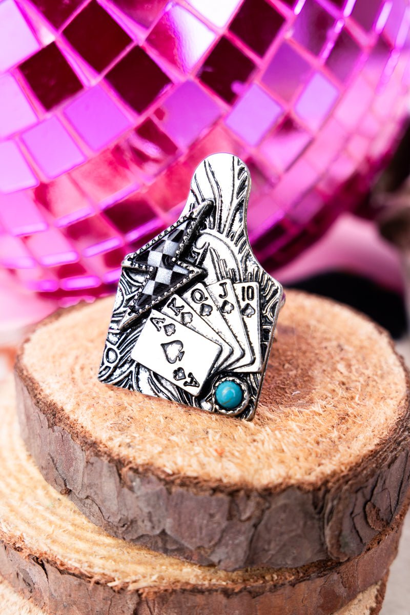 All In Royal Flush Cattle Tag Silvertone Cuff Ring | Wholesale ...