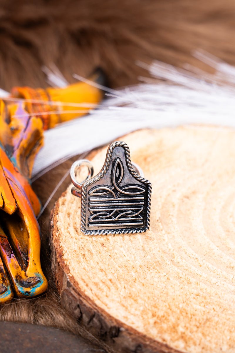 TIPI Signature Stitches Cattle Tag Silvertone Cuff Ring - Wholesale Accessory Market
