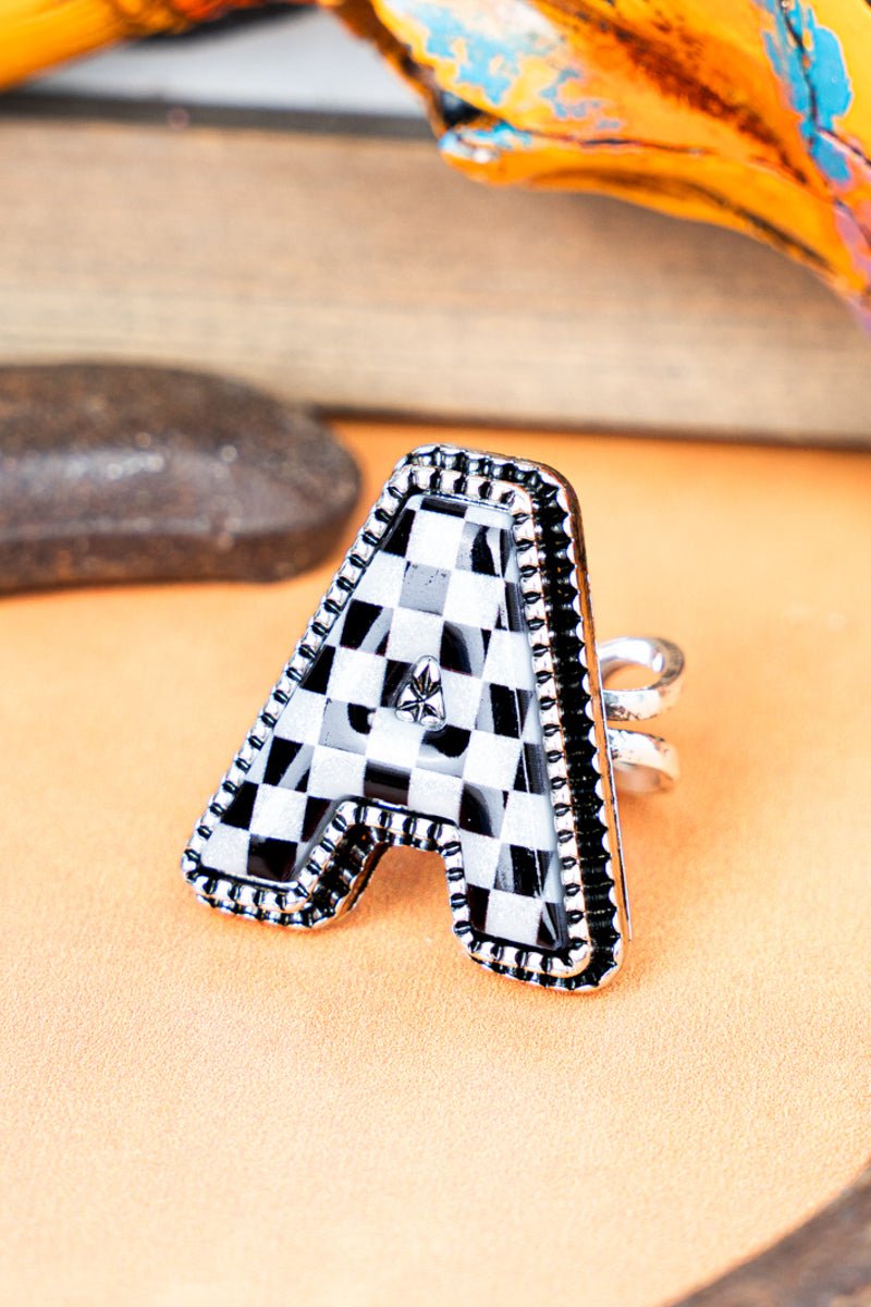 TIPI Black & White Checkered 'A' Silvertone Cuff Ring - Wholesale Accessory Market