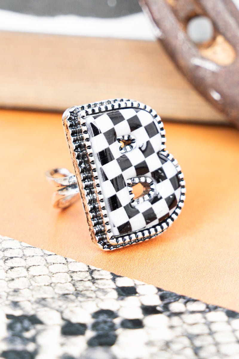 TIPI Black & White Checkered 'B' Silvertone Cuff Ring - Wholesale Accessory Market