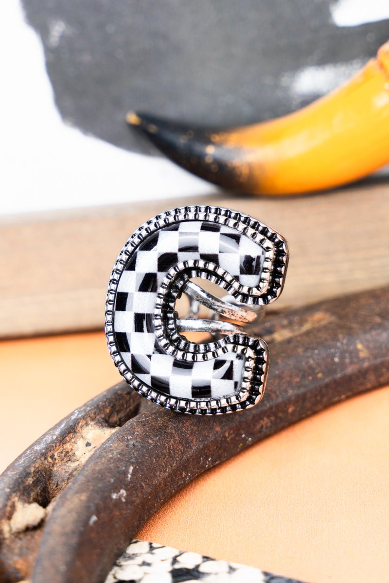 TIPI Black & White Checkered 'C' Silvertone Cuff Ring - Wholesale Accessory Market