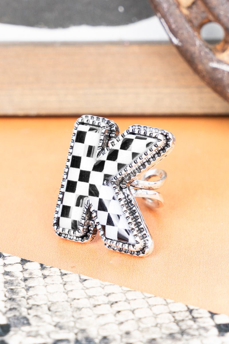 TIPI Black & White Checkered 'K' Silvertone Cuff Ring - Wholesale Accessory Market
