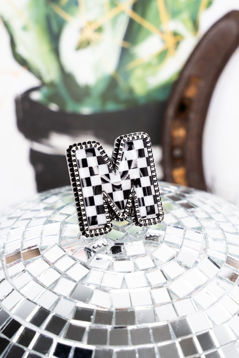TIPI Black & White Checkered 'M' Silvertone Cuff Ring - Wholesale Accessory Market