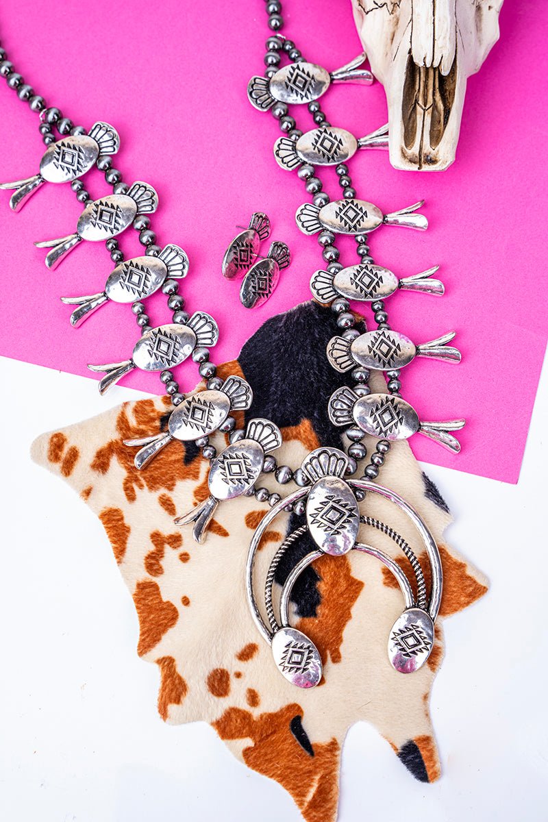 TIPI Rodeo Royalty Silver Pearl Squash Blossom Necklace and Earring Set - Wholesale Accessory Market