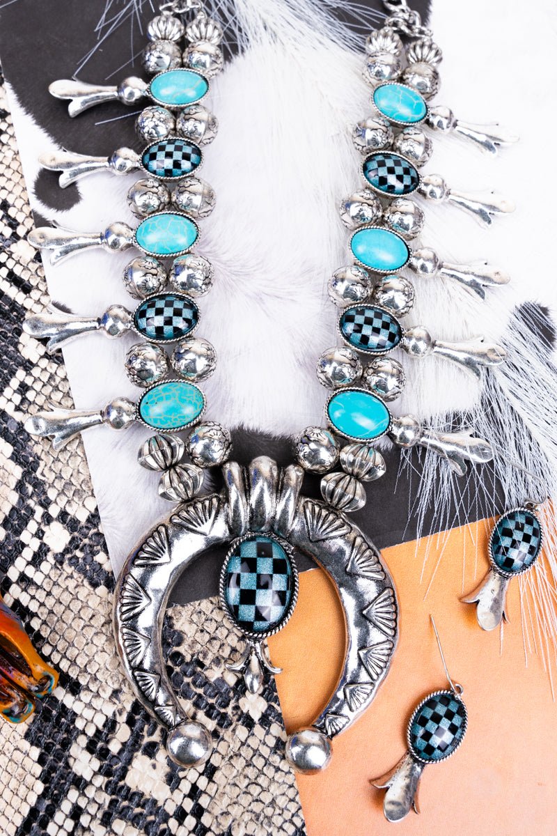 TIPI Turquoise Riviera Rodeo Squash Blossom Necklace and Earring Set - Wholesale Accessory Market