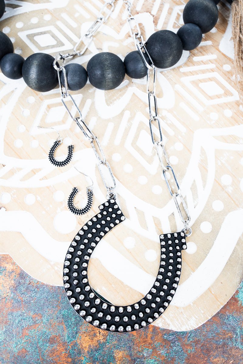 TIPI Western Wishes Silvertone Studded Horseshoe Necklace and Earring Set - Wholesale Accessory Market
