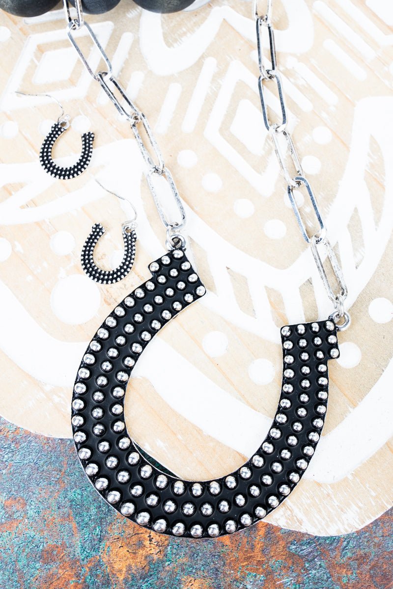 TIPI Western Wishes Silvertone Studded Horseshoe Necklace and Earring Set - Wholesale Accessory Market