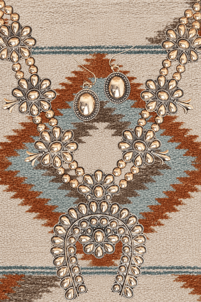 TIPI Longspur Squash Blossom Goldtone Necklace and Earring Set - Wholesale Accessory Market