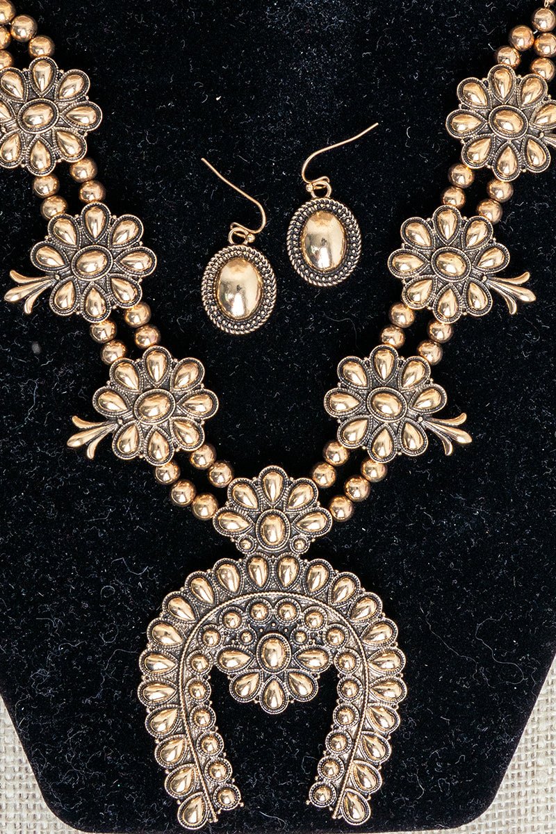 TIPI Longspur Squash Blossom Goldtone Necklace and Earring Set - Wholesale Accessory Market